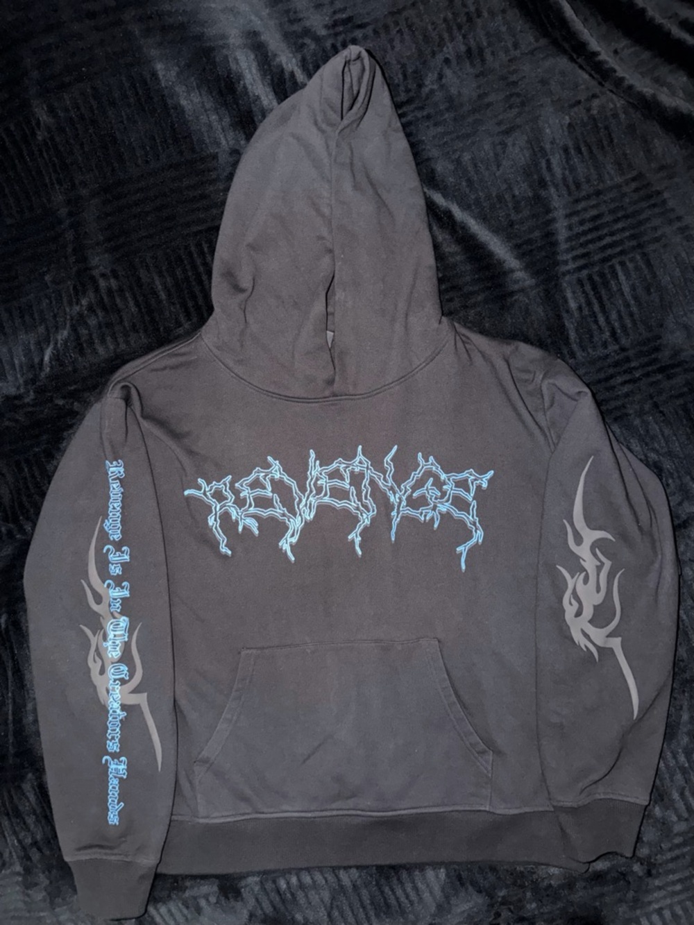 Revenge Clothing Black Zip-Up Hoodie with Blue Graphic